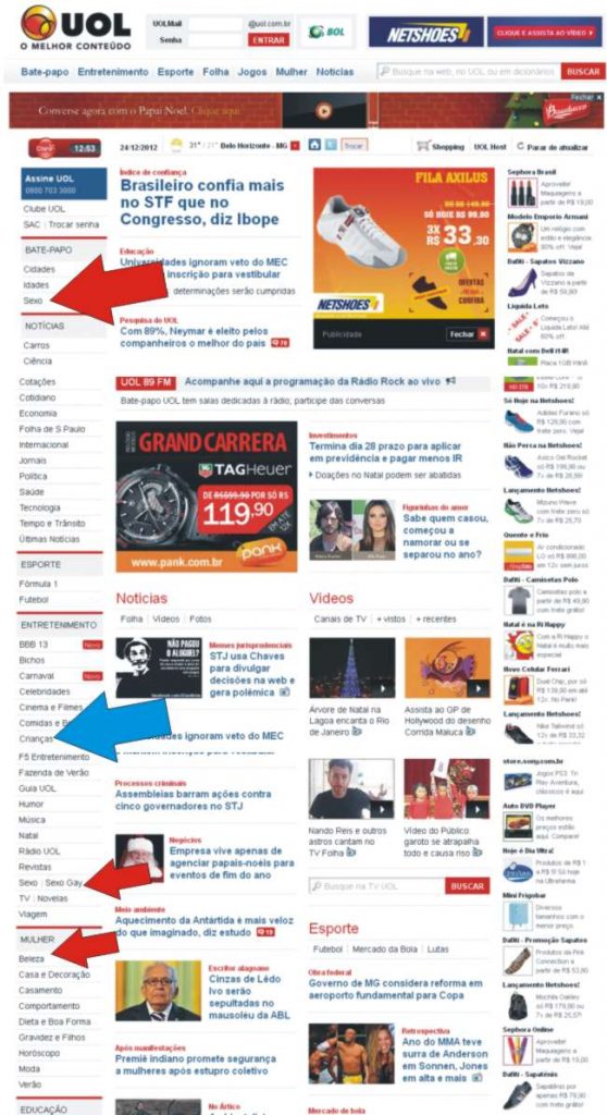 UOL do grupo Folha coloca no index do seu site sessão para crianças próxima a de pornografia: “sexo” e “sexo gay” uol - improprio